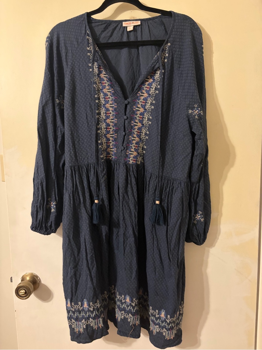 Knox Rose Indigo Embroidered Long Sleeve Tunic Dress